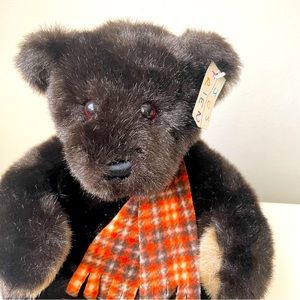 Vtg Christmas plush teddy bear Just Friends brown soft holiday 14”x10”